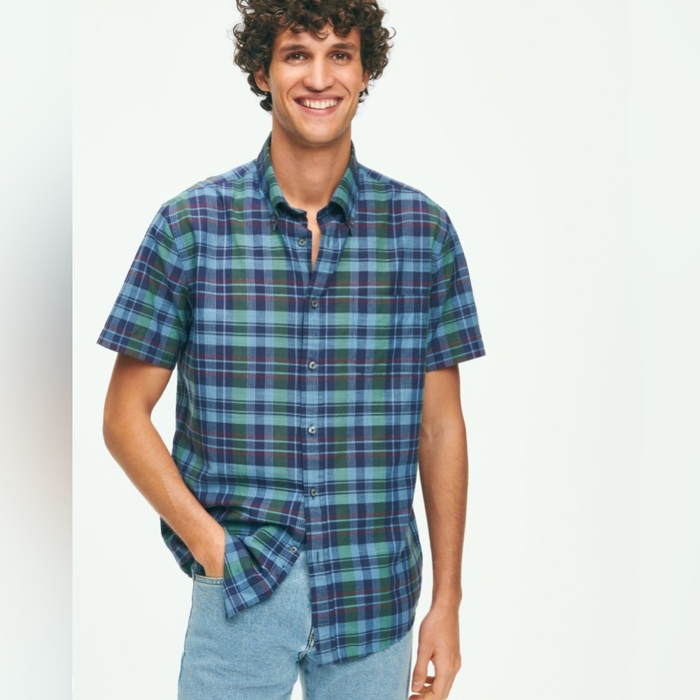 BROOKS BROTHERS Cotton Madras Short Sleeve Button-Down Collar Sport Shirt